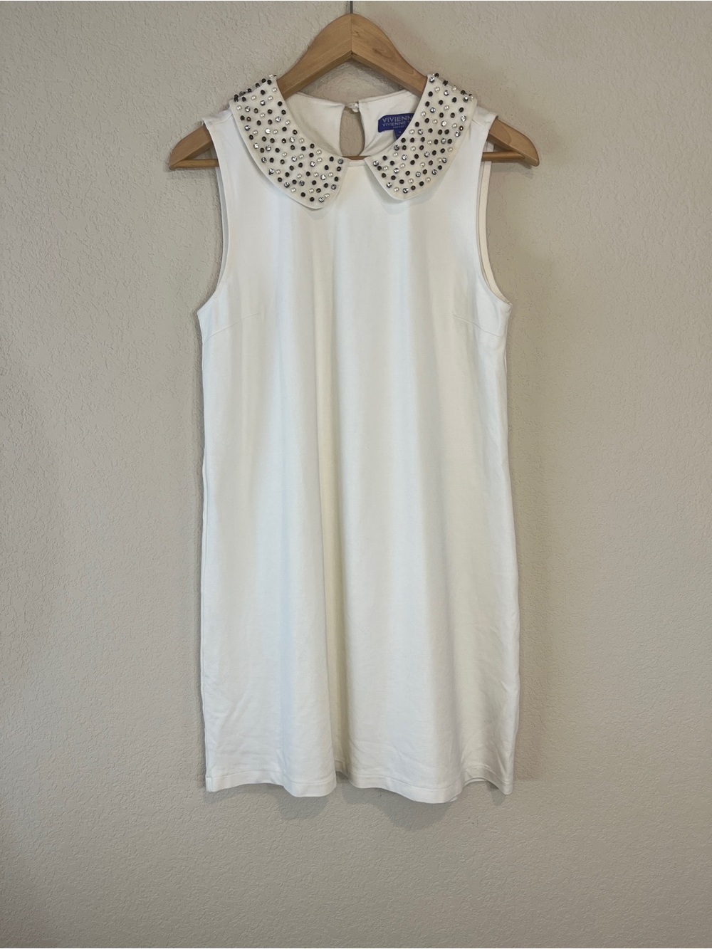 Vivienne Tam Off White Shift Dress Jersey Jewel Beaded Peter Pan Collar SZ M